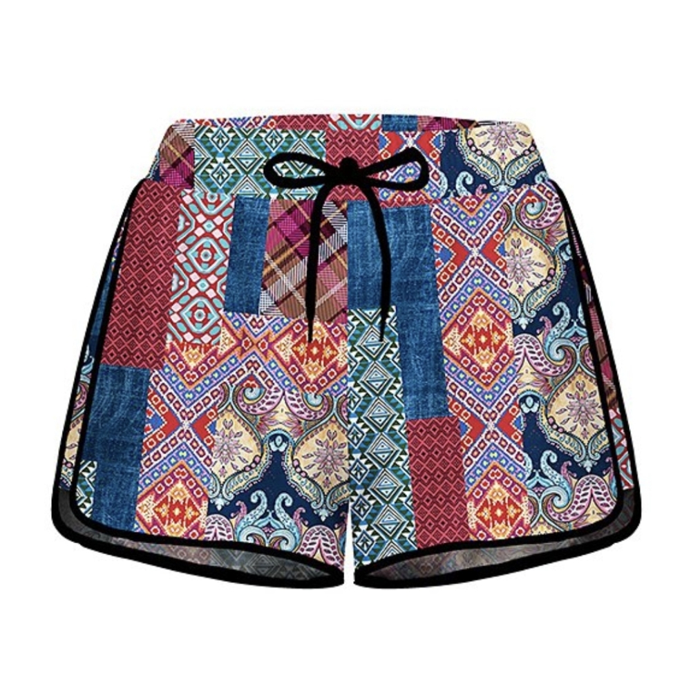 Salmon & Blue Patchwork Drawstring-Waist Shorts